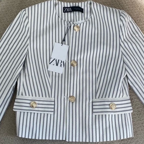 Zara Blazer White Navy Striped Cropped Blazer Gold Buttons Nautical NWT XS - Picture 5 of 9